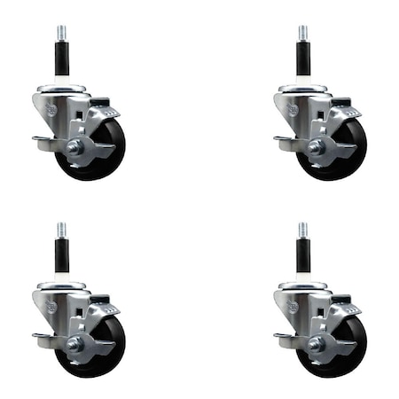Service Caster 3'' Hard Rubber Swivel 7/8'' Expanding Stem Caster Set with Brake, 4PK SCC-EX20S314-HRS-TLB-78-4